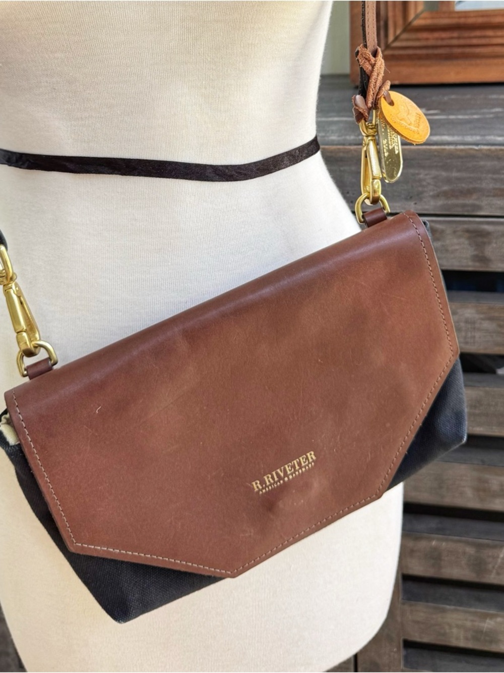 R. Riveter Crossbody Bag American Handmade Leather Canvas Brown Black Like New